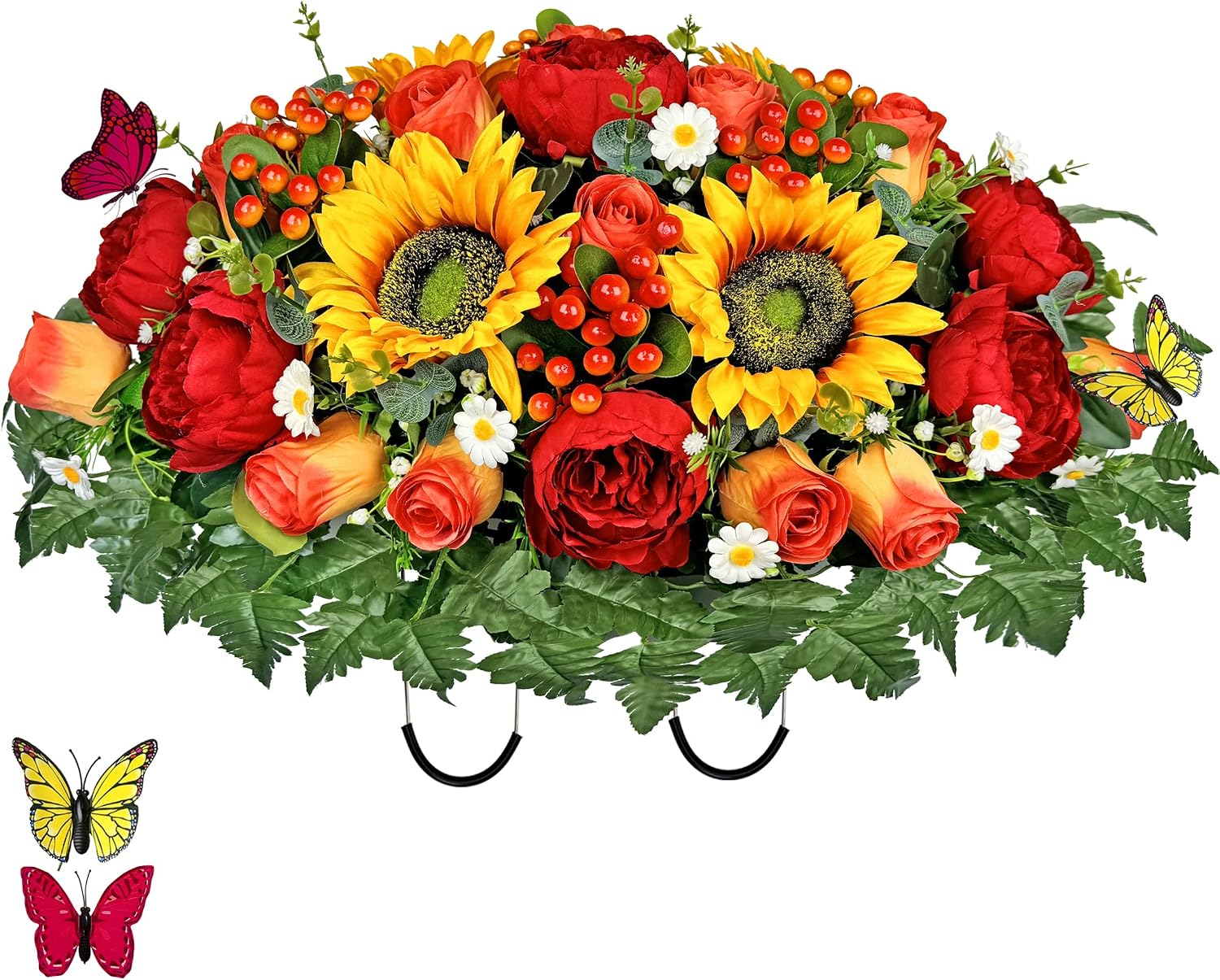 Artificial Cemetery Flowers for Outdoor Grave Decorations - Sympathy Headstone Flower Saddle - Realistic Sunflower Rose