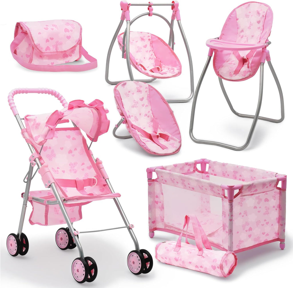 Baby Doll Stroller Bed and Swing Nursery Playset, Baby Doll Accessories Furniture Set Convertible High Chair Diaper