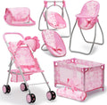 Baby Doll Stroller Bed and Swing Nursery Playset, Baby Doll Accessories Furniture Set Convertible High Chair Diaper