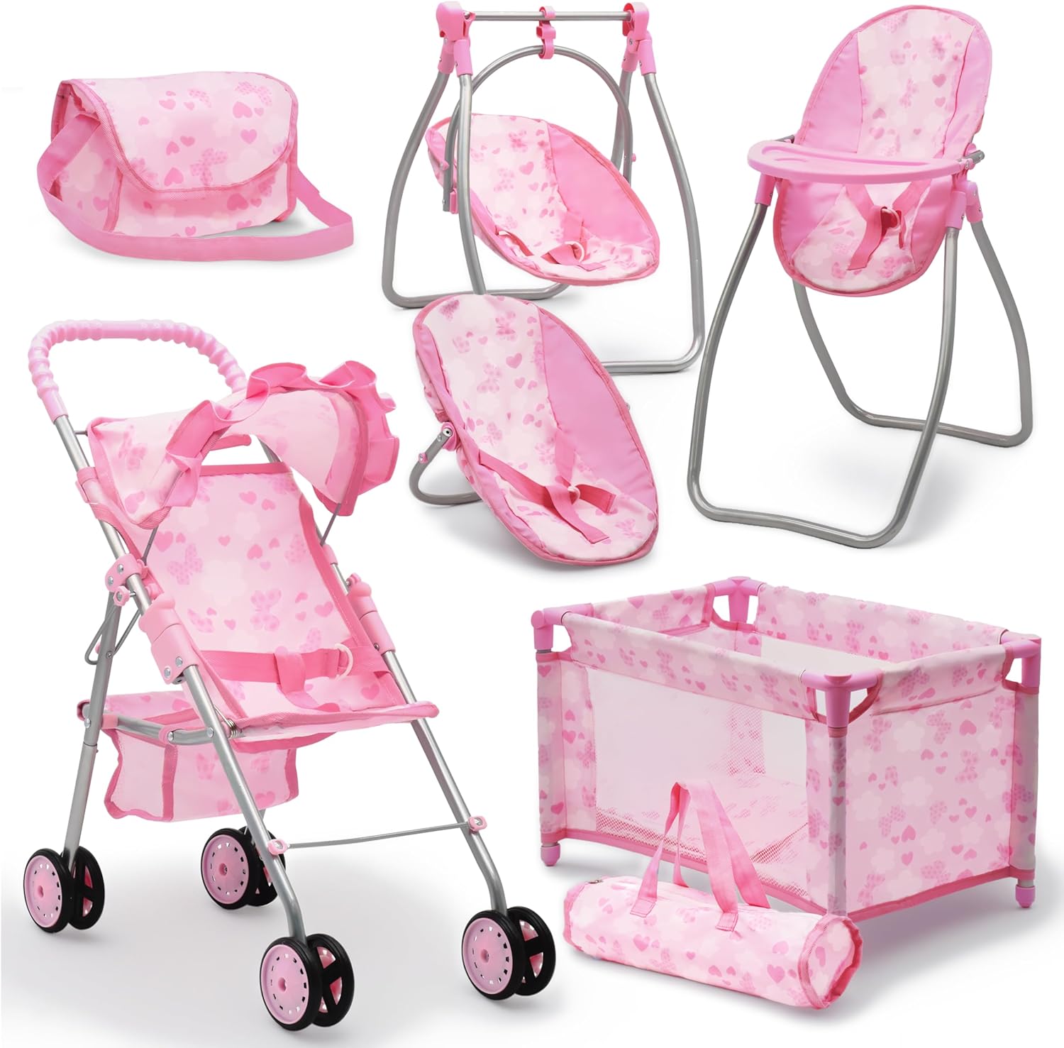 Baby Doll Stroller Bed and Swing Nursery Playset, Baby Doll Accessories Furniture Set Convertible High Chair Diaper