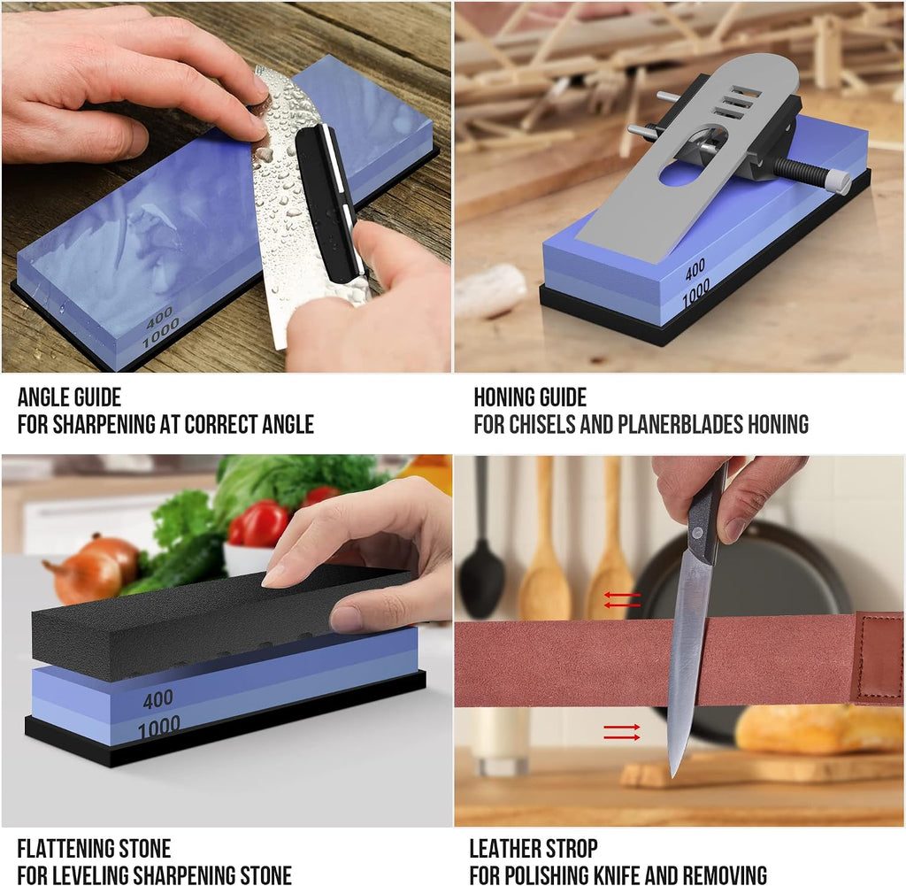 Whetstone Knife Sharpening Stone Set, Double-Sided Grit 400/1000 3000/8000 | Complete Knife Sharpener Stone Kit with