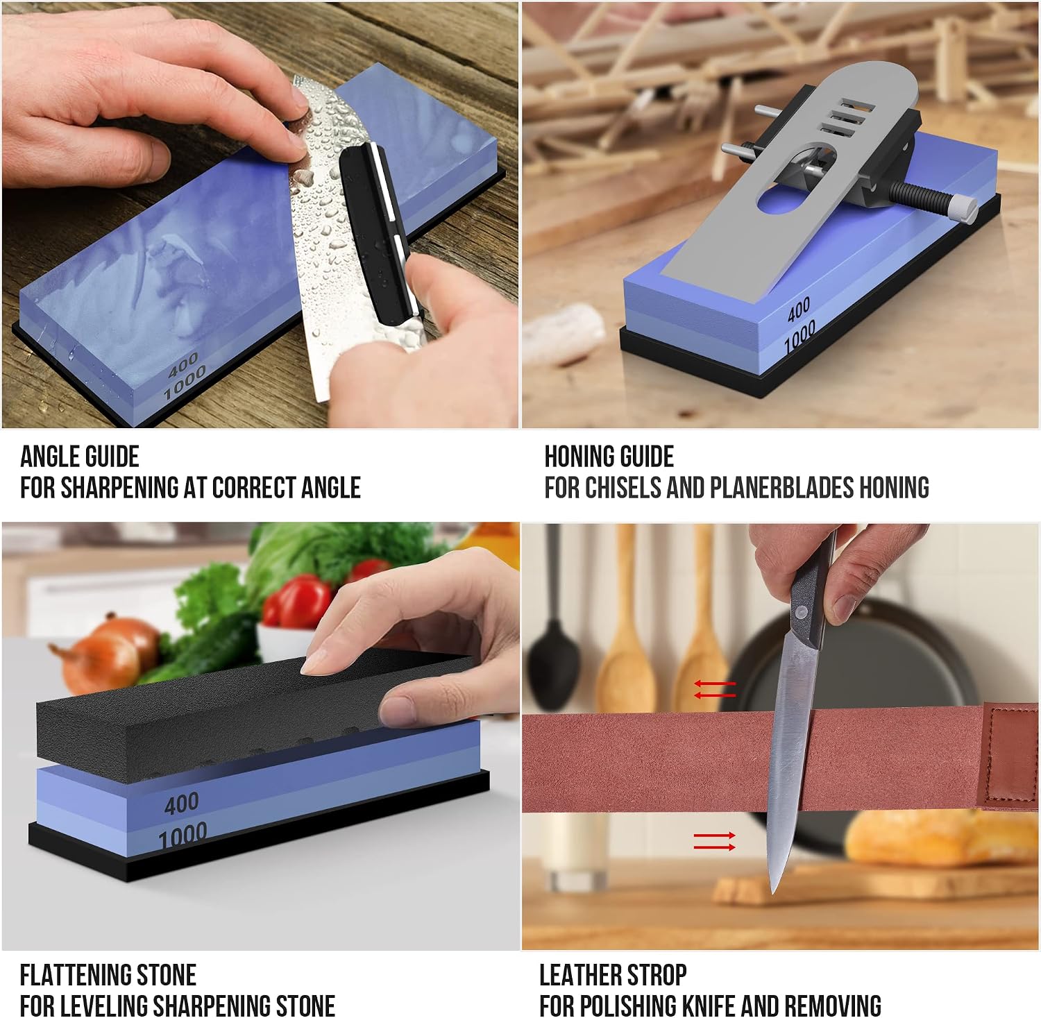 Whetstone Knife Sharpening Stone Set, Double-Sided Grit 400/1000 3000/8000 | Complete Knife Sharpener Stone Kit with