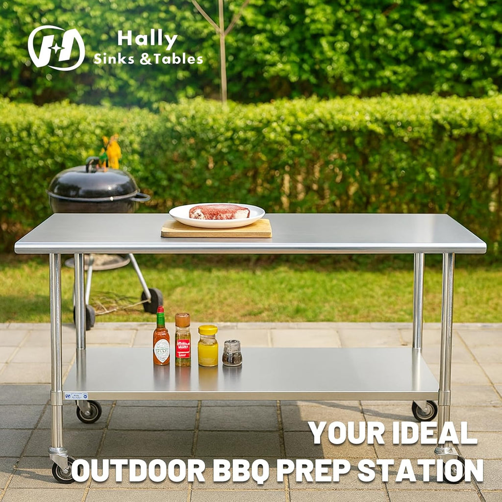 Hally Stainless Steel Table for Prep&Work 30" x 60" with Wheels Commercial