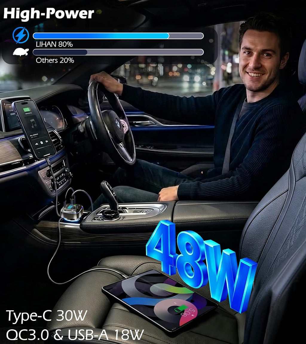 Bluetooth Car Adapter 5.4, FM Transmitter, 48W PD/QC Charger | Enjoy Bluetooth music, GPS navigation and hands-free