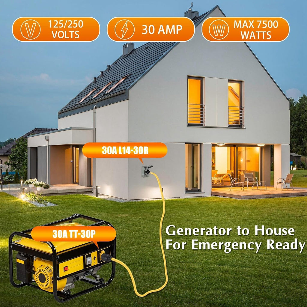 10ft NEMA TT-30P to L14-30R Generator Transfer Switch Adapter Cord | 30 Amp 3 Prong to 4 Prong Generator to House
