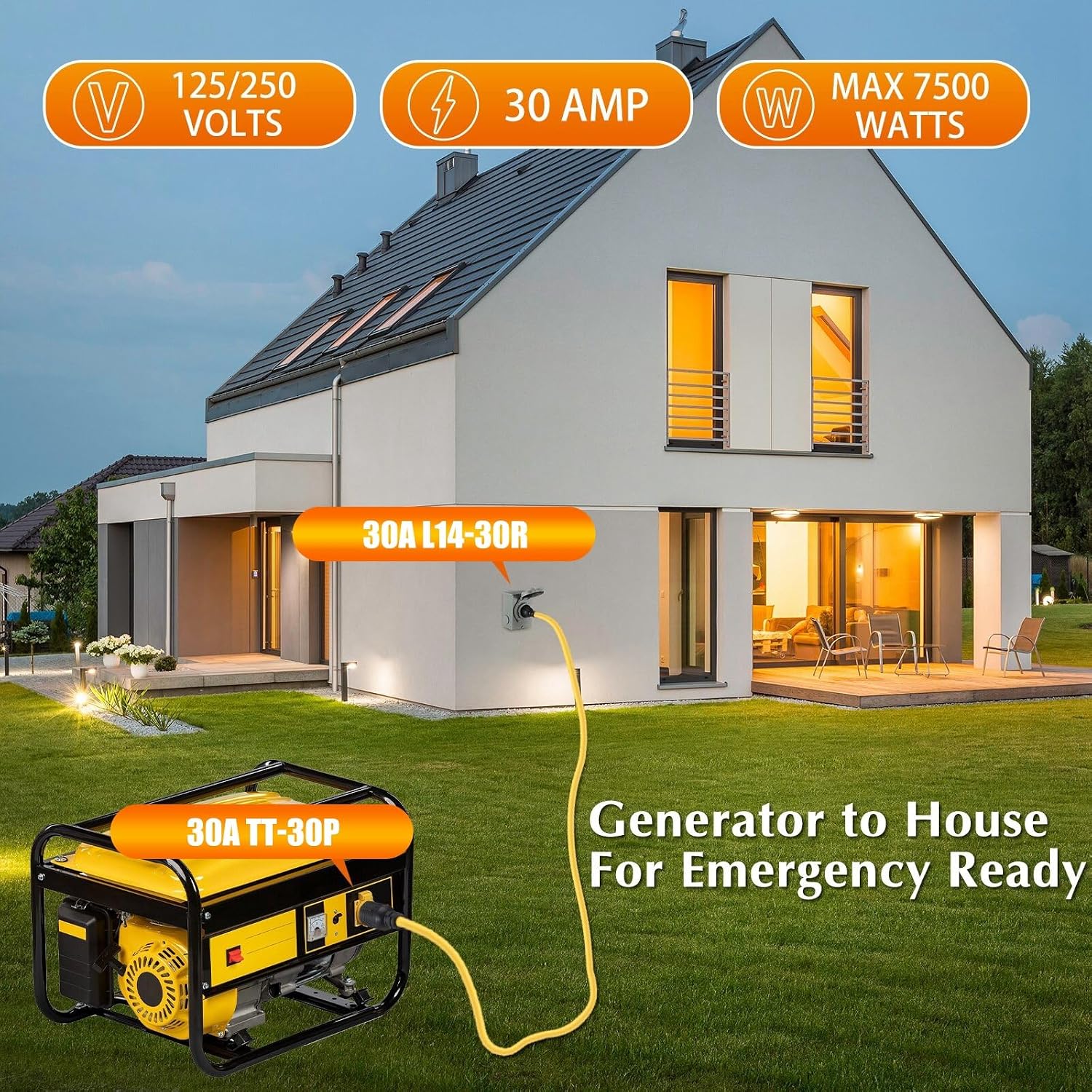 10ft NEMA TT-30P to L14-30R Generator Transfer Switch Adapter Cord | 30 Amp 3 Prong to 4 Prong Generator to House