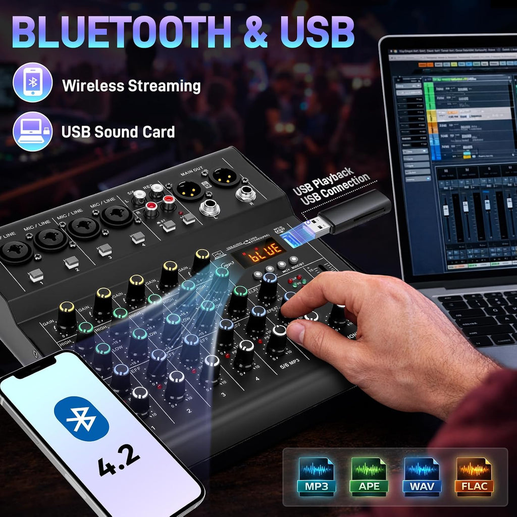 6-Channel Audio Mixer for Beginners with Bluetooth USB/MP3 Sound Card | Easy Setup DJ Mixer with DSP Effects & 48V