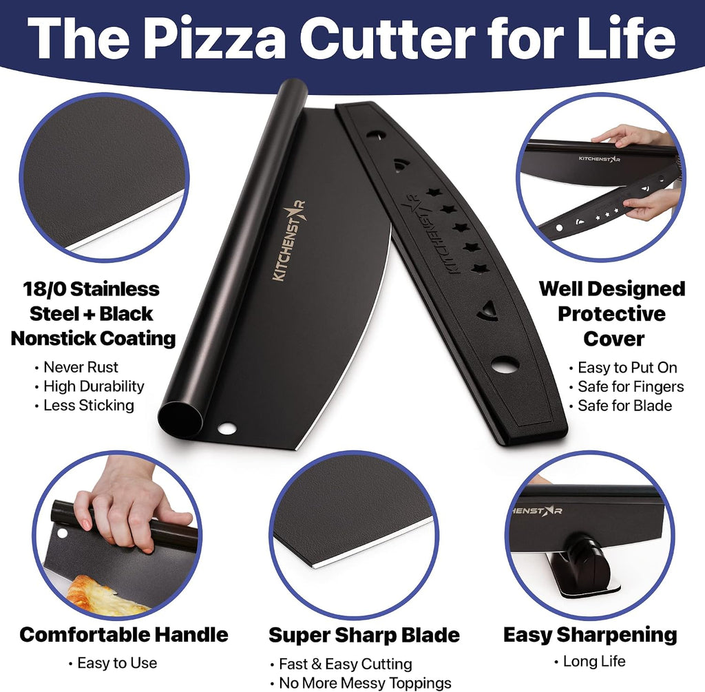 16-Inch Pizza Cutter Rocker Blade, 304 Stainless Steel Slicer Knife, Black