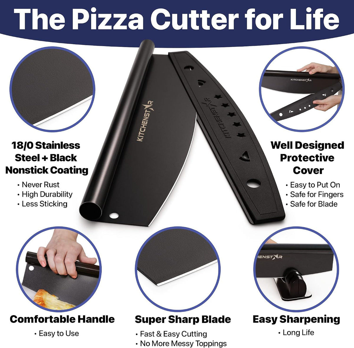 16-Inch Pizza Cutter Rocker Blade, 304 Stainless Steel Slicer Knife, Black
