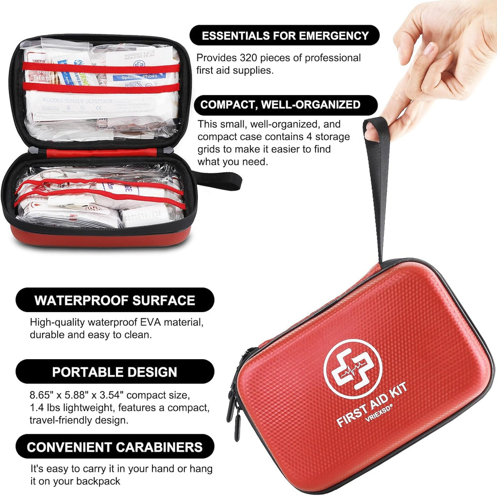Premium First Aid Kit, 320 Piece Waterproof Hard Shell Eva First Aid Kit for Home, Camping, Cars, Hiking, Travel