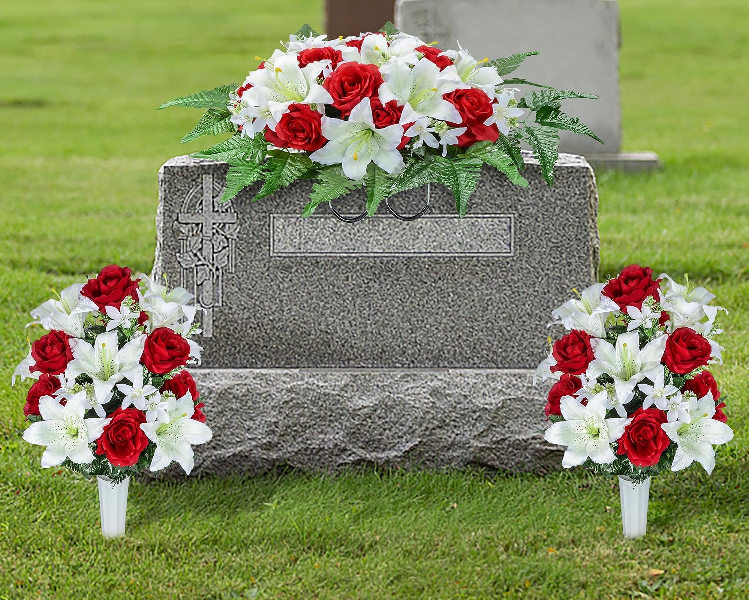 Artificial Cemetery Flower Saddles for Graves, Cemetery Memorial Flowers for Outdoor Headstone Tombstone Decorations