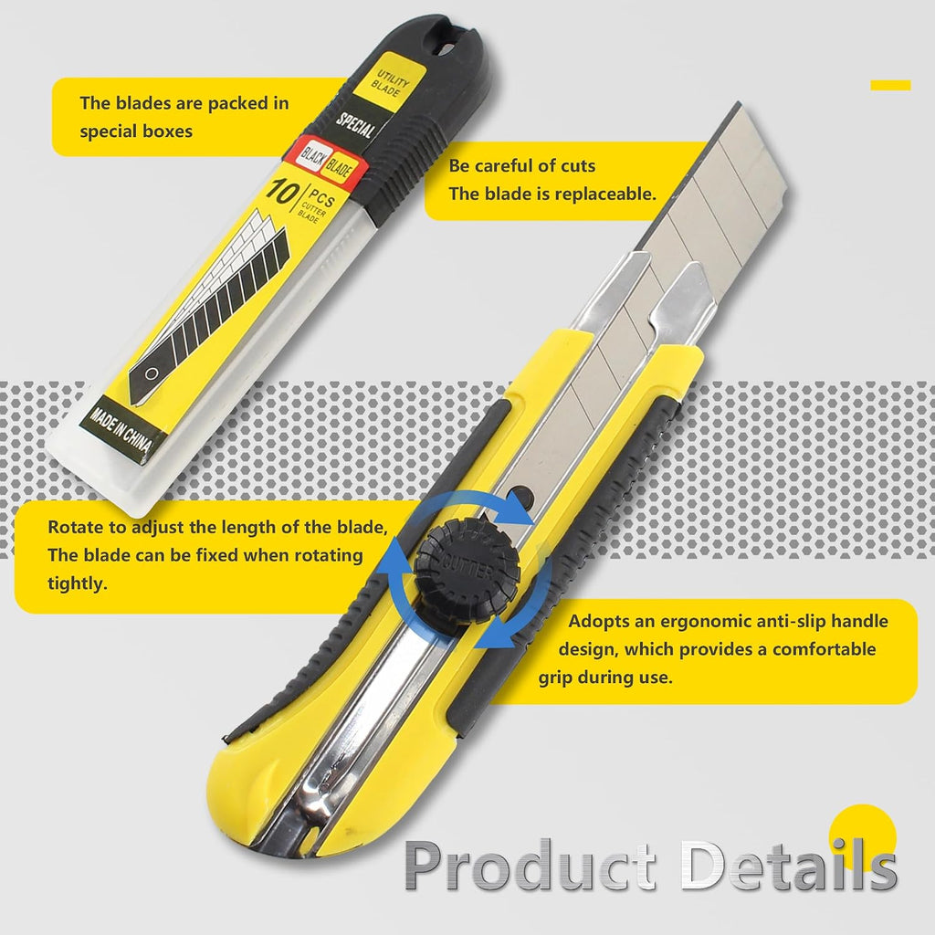 25mm Heavy Duty Utility Knife,10pcs SK5 Snap-Off Blades,Retractable Lock Box Cutter with Anti-Slip Rubber Grip for