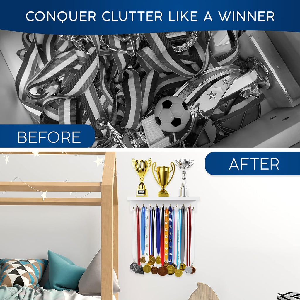 Medal Hanger Display and Trophy Shelf with Hooks - Wooden Medal Holder for Wall Mount Ribbon Display, Trophy Display