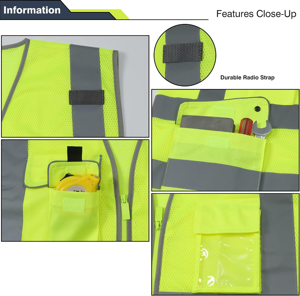 High Visibility Reflective Safety Vest | ANSI Class 2 Hi Vis Construction Work Vest with Multi Pockets, Breathable