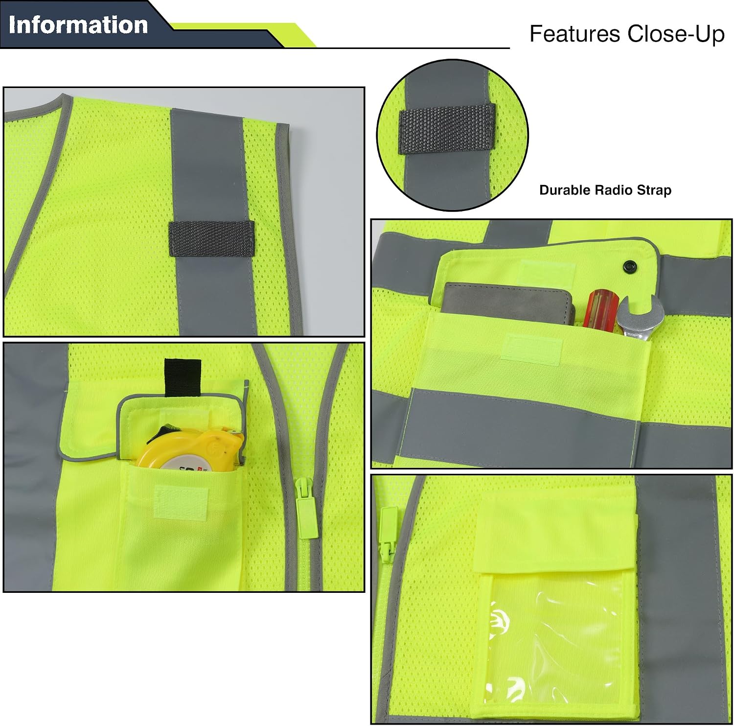 High Visibility Reflective Safety Vest | ANSI Class 2 Hi Vis Construction Work Vest with Multi Pockets, Breathable