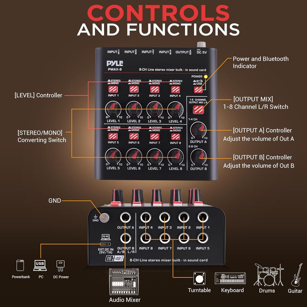 8-Channel Bluetooth Mini Line Mixer with USB Audio Interface - 8 Mono/Stereo Switching Inputs | Ultra-low Noise