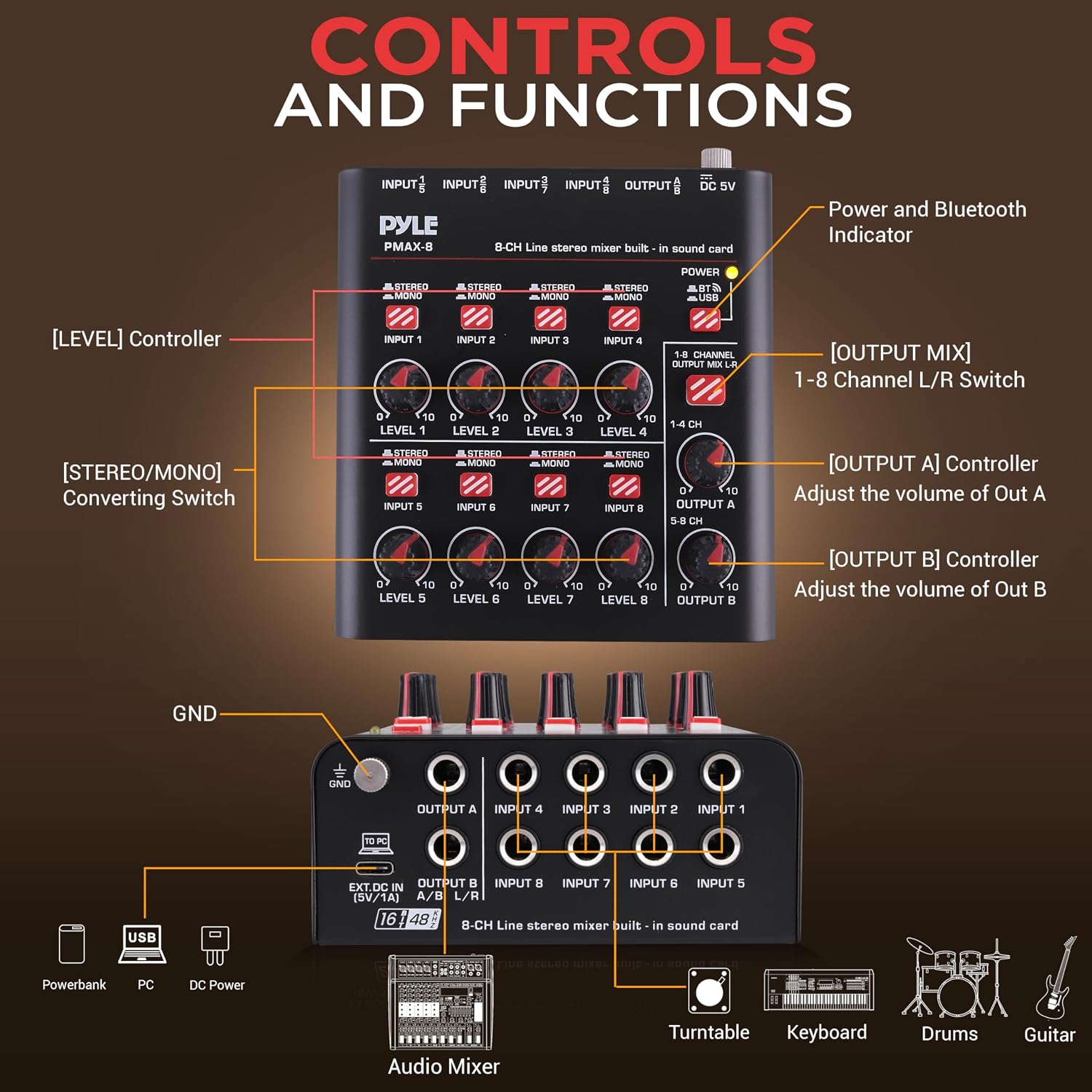 8-Channel Bluetooth Mini Line Mixer with USB Audio Interface - 8 Mono/Stereo Switching Inputs | Ultra-low Noise