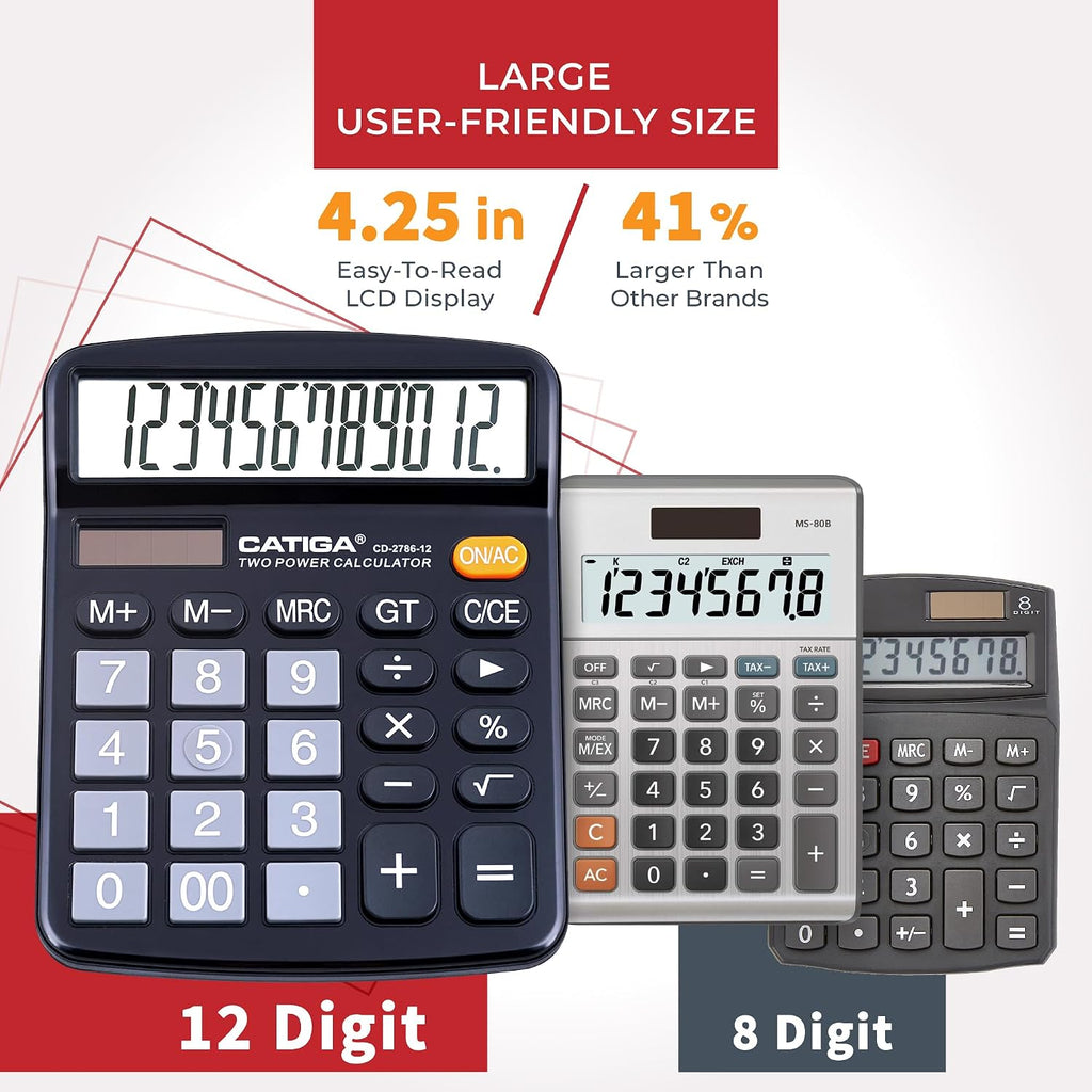Desktop Calculator, 12 Digit Large LCD Display, Dual Power, Sensitive Big Button, Standard Function Calculators for