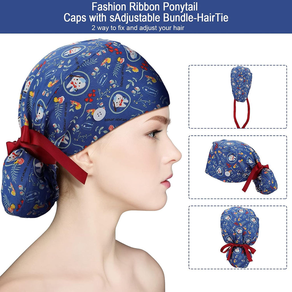 8 Pcs Scrub Caps for Women with Buttons, Ponytail Surgical Hats