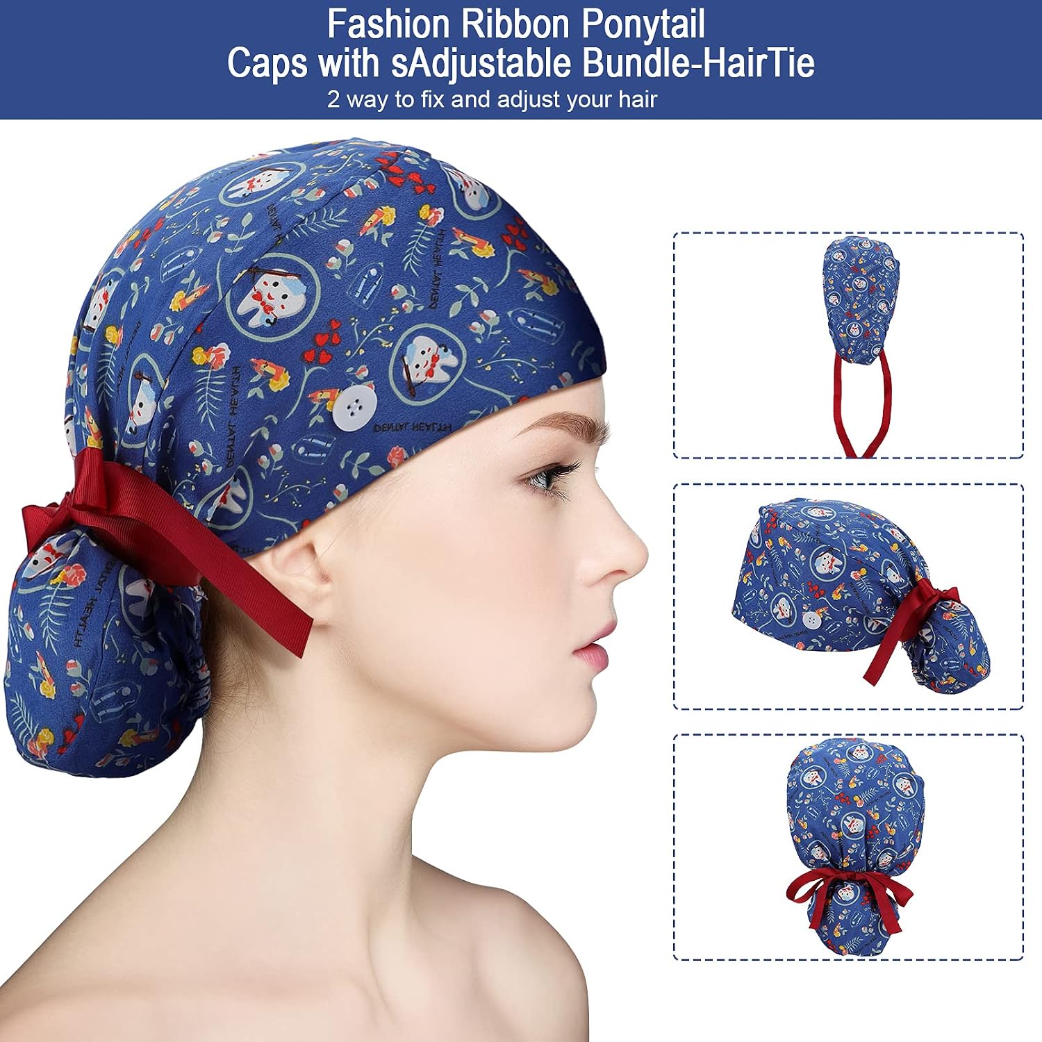 8 Pcs Scrub Caps for Women with Buttons, Ponytail Surgical Hats