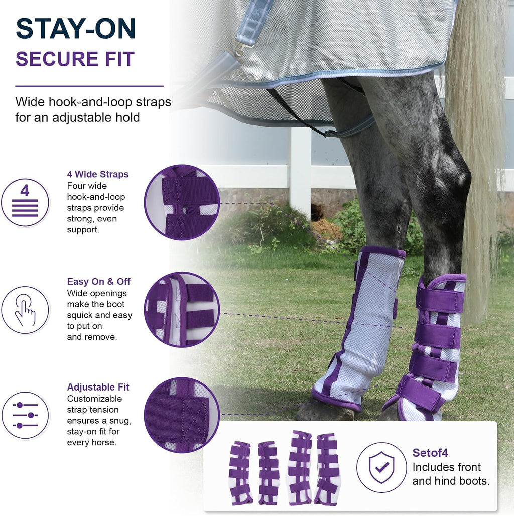 Horse Fly Boots Set of 4 - No-Rub Airflow Mesh Leggings to Reduce Stomping - Stay-on Breathable Horse Leg Wraps for