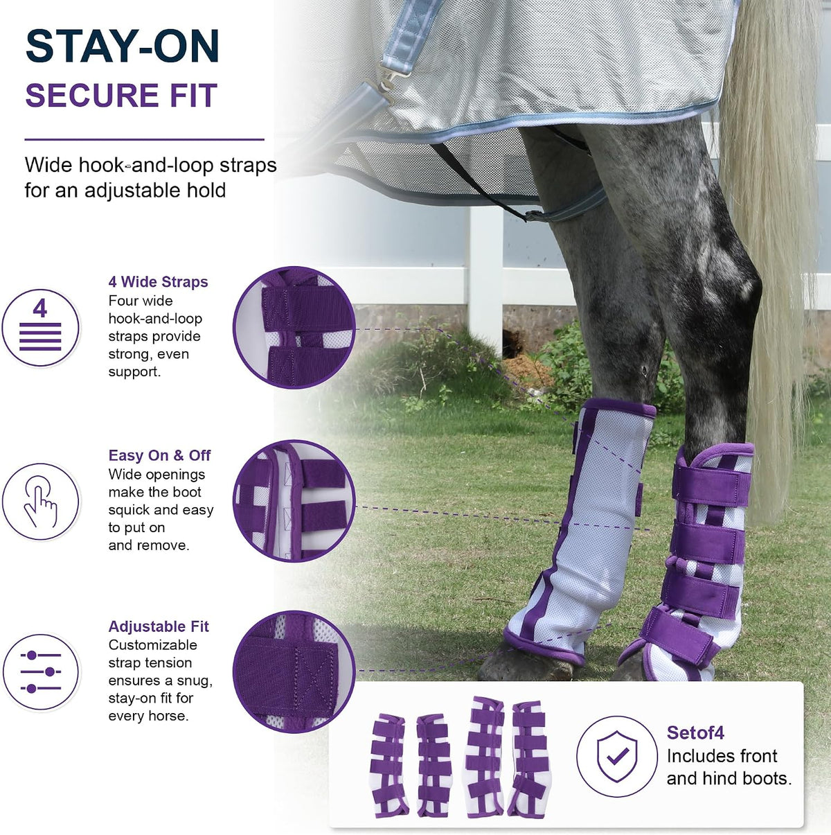 Horse Fly Boots Set of 4 - No-Rub Airflow Mesh Leggings to Reduce Stomping - Stay-on Breathable Horse Leg Wraps for