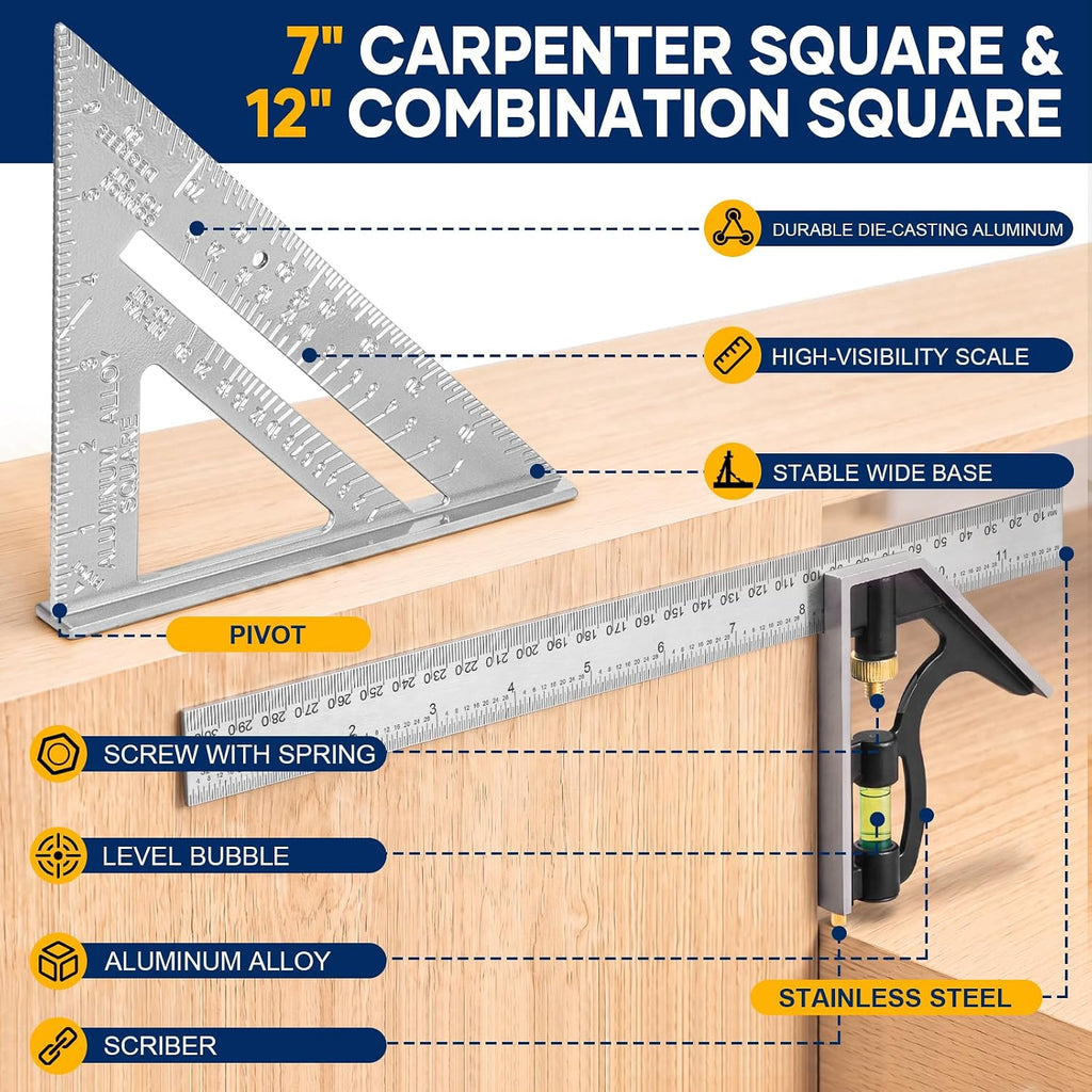 Combination Square 12 Inch and 7 Inch Carpenter Square Tool Set | Aluminum Rafter Square for Framing, Adjustable