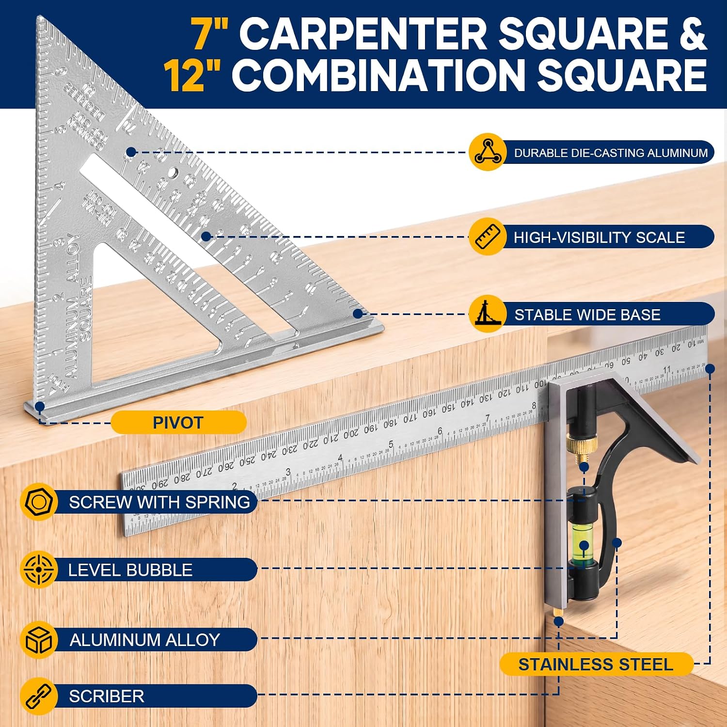 Combination Square 12 Inch and 7 Inch Carpenter Square Tool Set | Aluminum Rafter Square for Framing, Adjustable