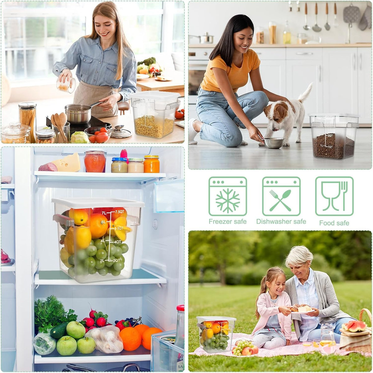 4 Pcs 8qt & 4qt Clear Food Storage Containers with Lids Handles and Scales, Stackable Plastic Square Food Storage