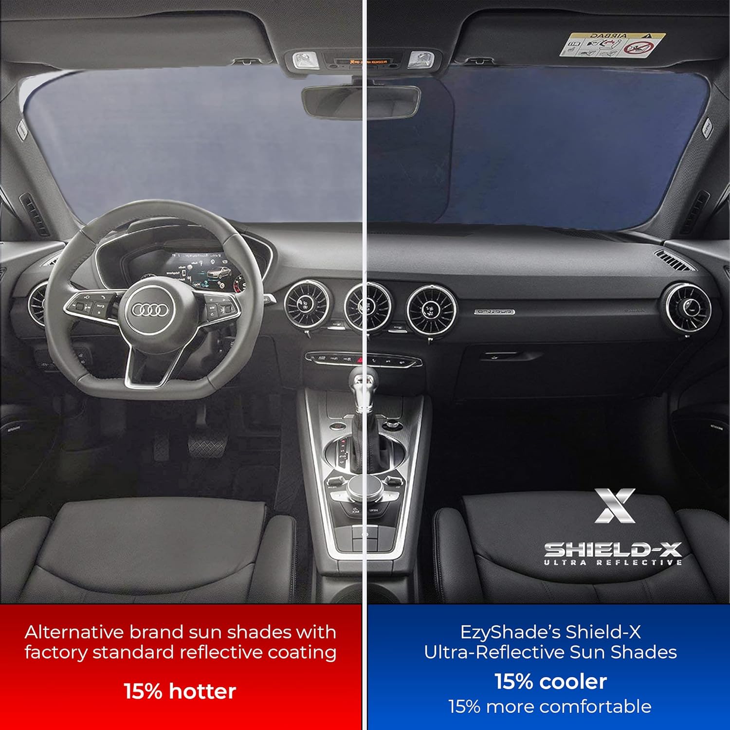 Windshield Sun Shade with Shield-X Reflective Technology. See Size-Chart with Your Vehicle. Foldable 2-Piece Car