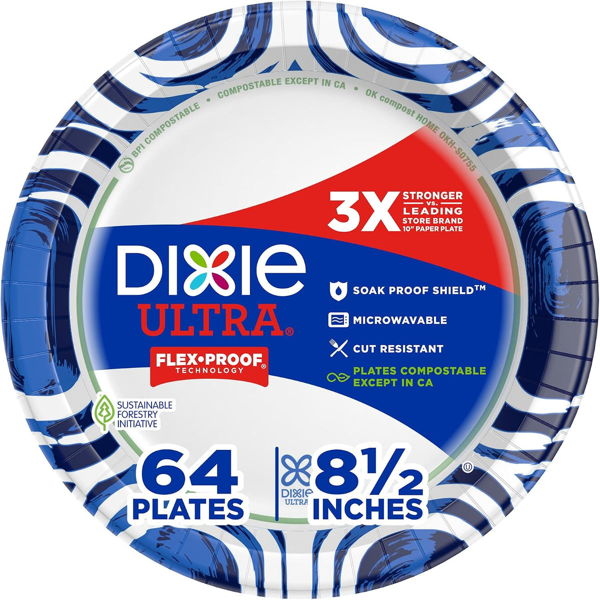 Medium Paper Plates, 8.5 Inch, 64 Count, 3X Stronger*, Heavy Duty, Microwave-Safe, Soak-Proof, Cut Resistant