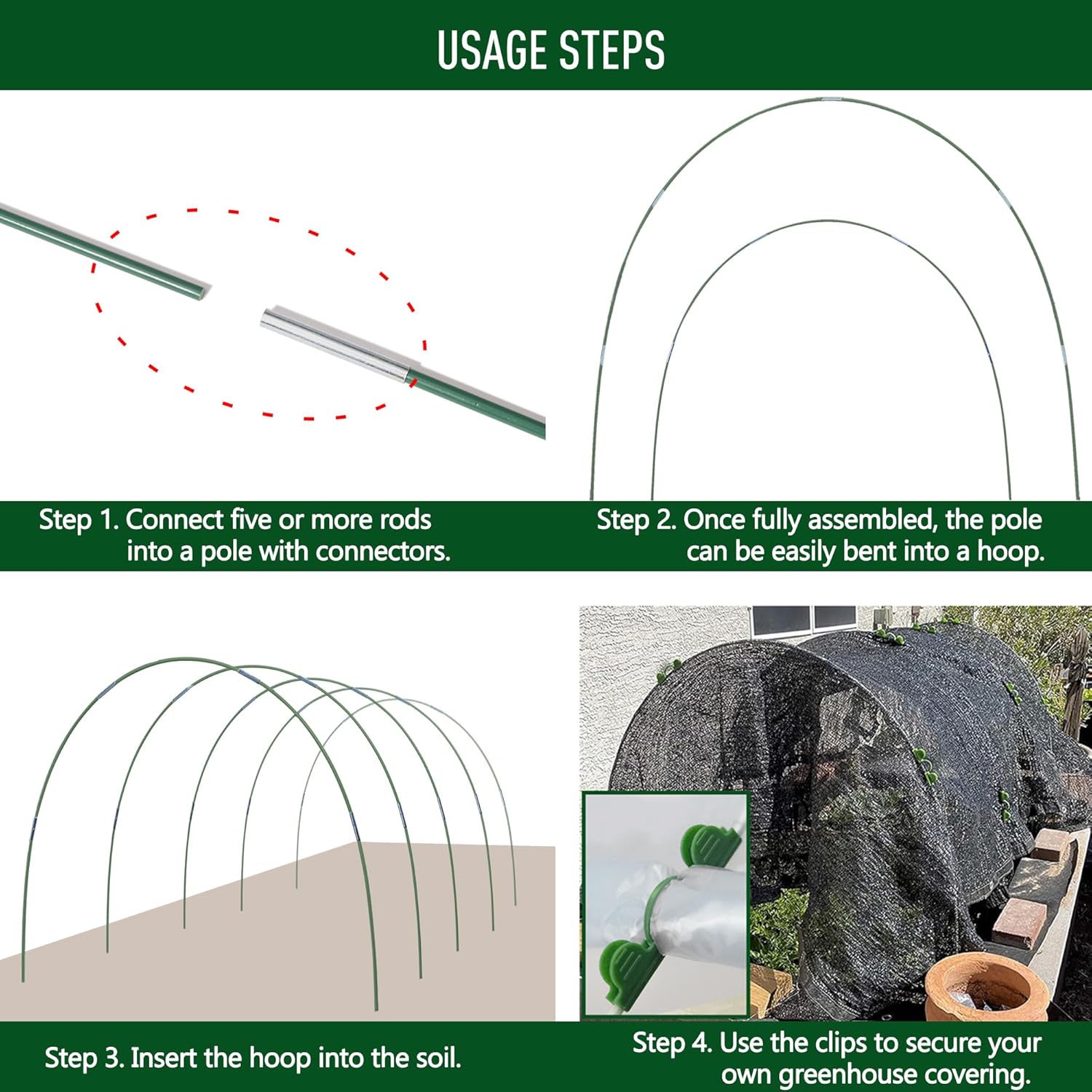 Greenhouse Hoops for DIY 2.8ft or Wider Grow Tunnel, Rust-Free Fiberglass Support Hoops Frame for Garden Fabric, DIY