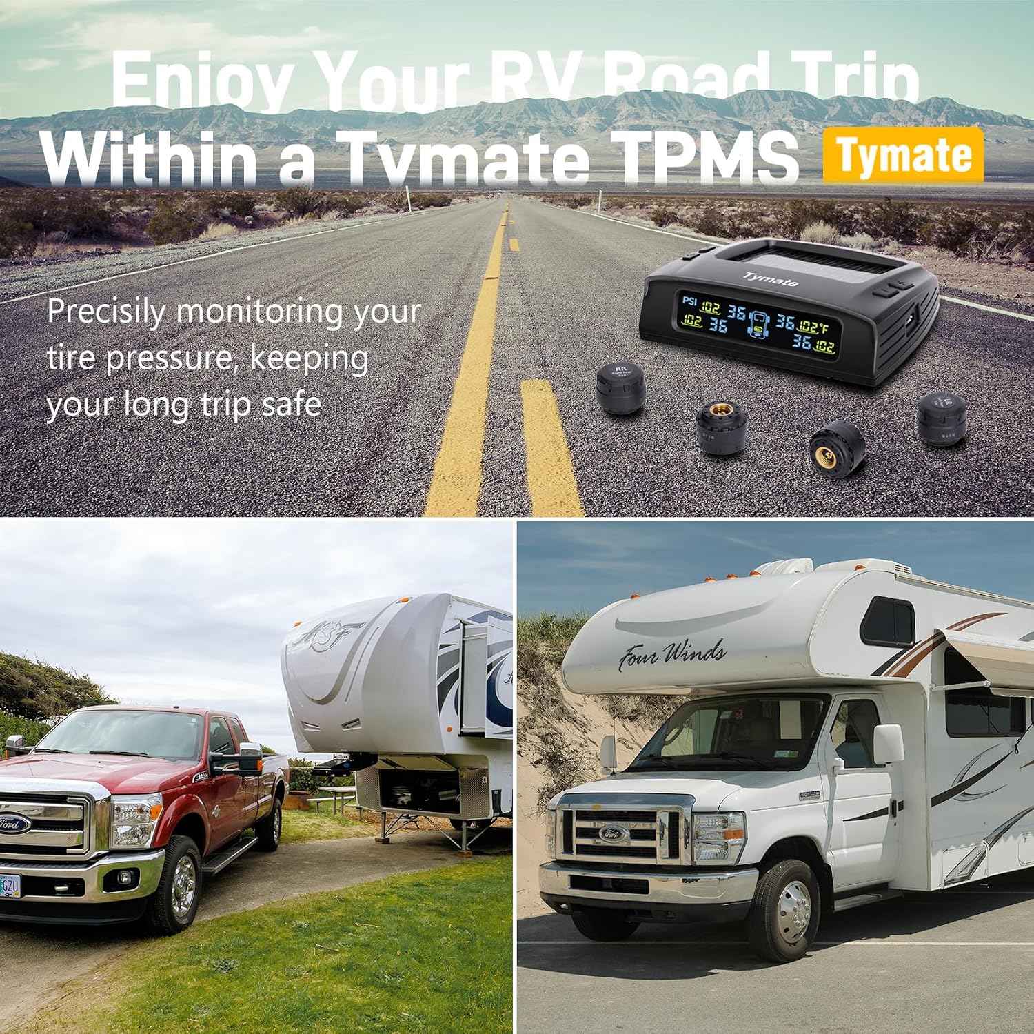 TM2 RV Tire Pressure Monitoring System, TPMS Set of 4 Sensors | Max. 10 Tires Info Monitoring, 6 Alarm Modes
