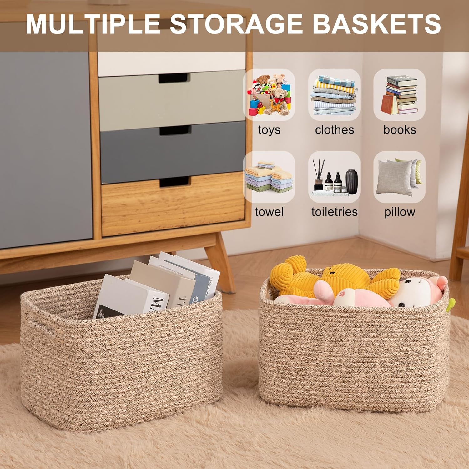 Storage Baskets for Organizing, Woven Decorative Baskets for Shelves - Books, Towels, and Clothes, Cotton Rope Toy