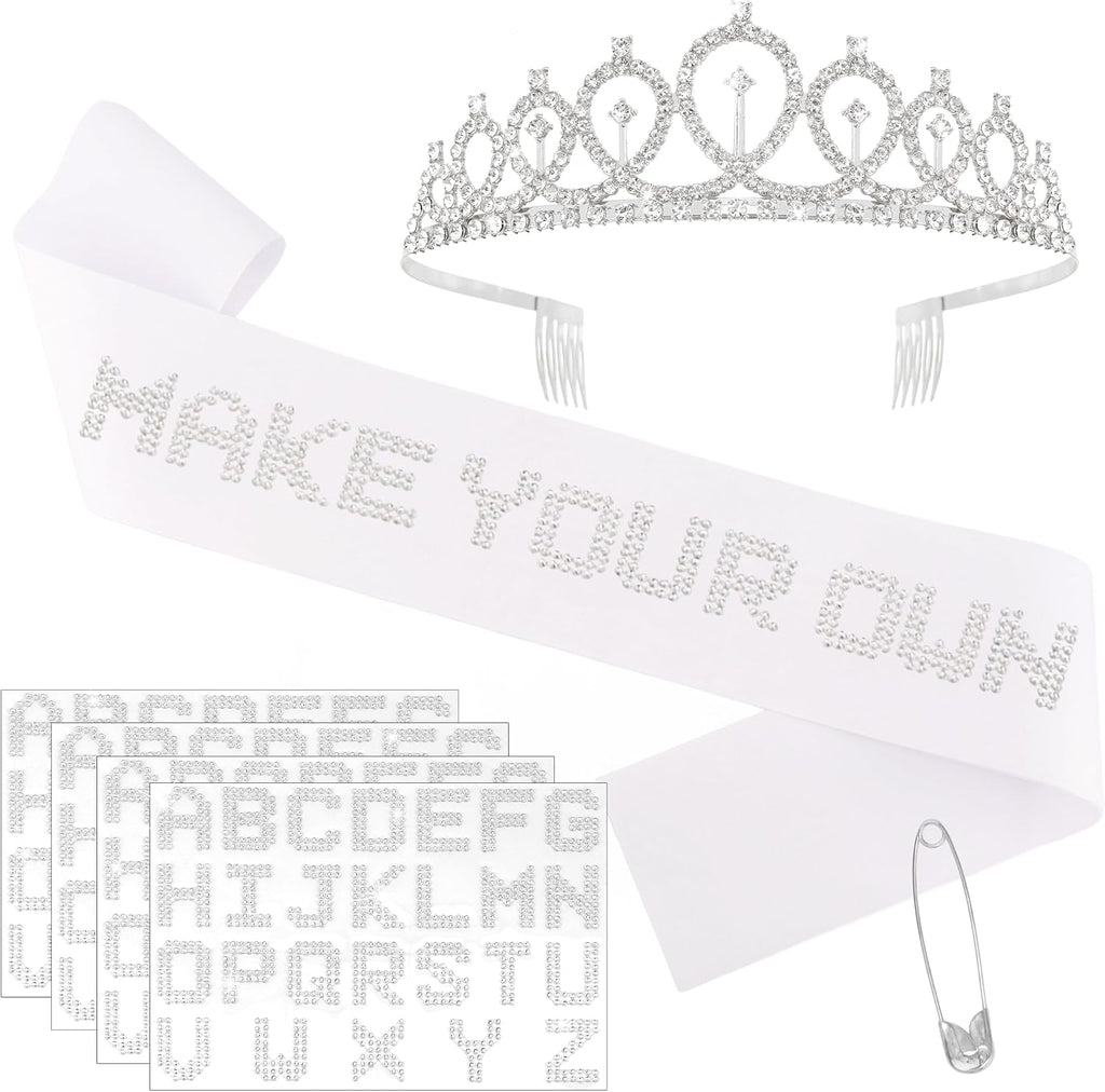 Custom Sash and Tiara Crown Set for Women, DIY Blank White Satin Sash with Rhinestone Iron-On Letter Stickers for