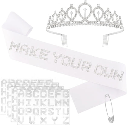 Custom Sash and Tiara Crown Set for Women, DIY Blank White Satin Sash with Rhinestone Iron-On Letter Stickers for