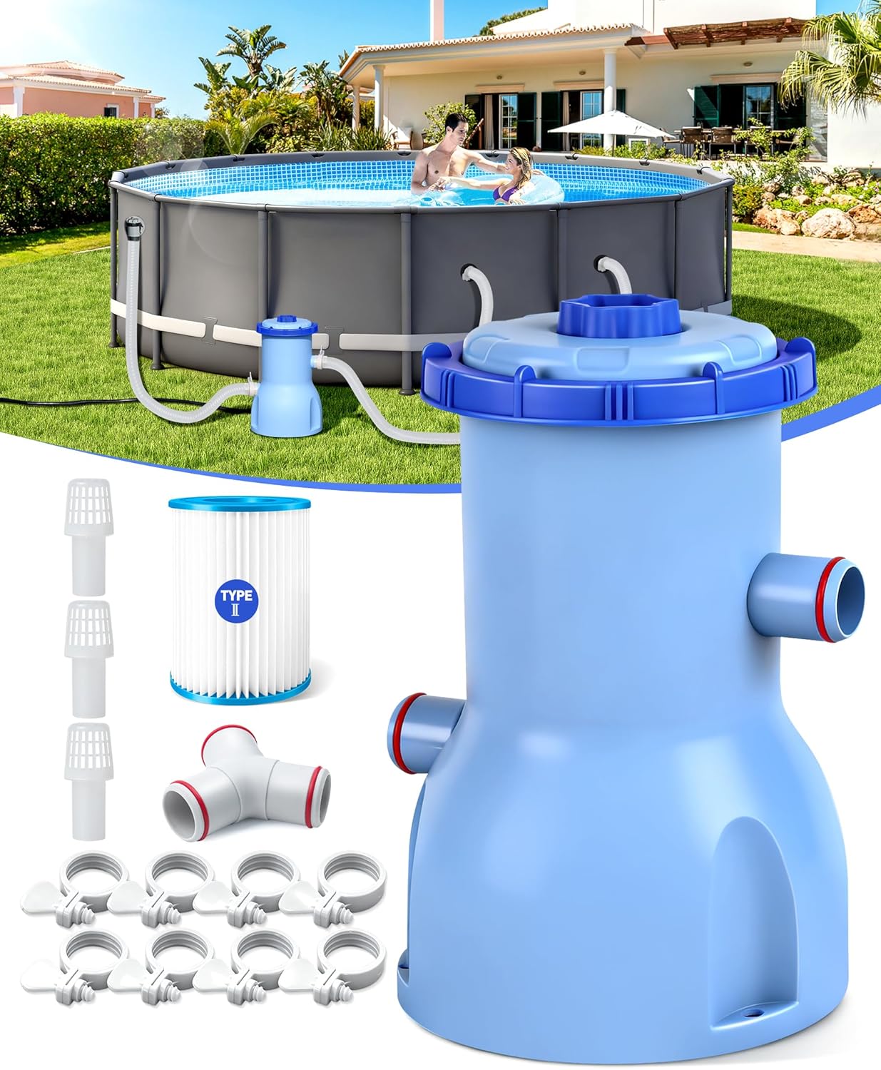 2026 Improved 530 GPH Small Pool Filter Pump | ETL Certified Cartridge Filter Pump for Above Ground Pools | Water