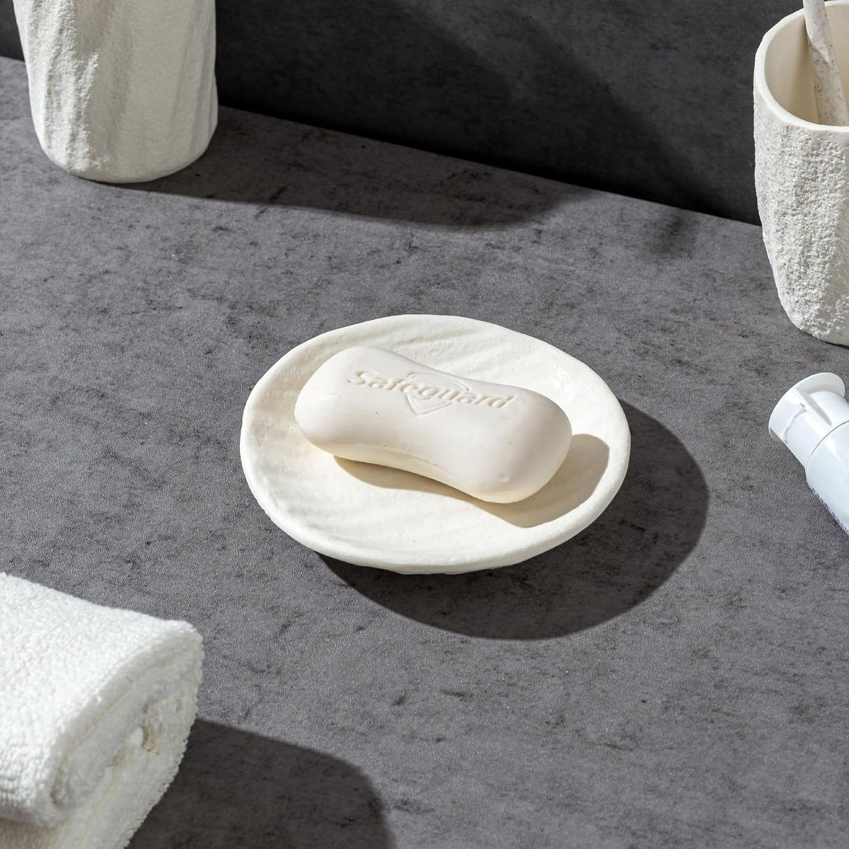 Bathroom Accessories Set, 4 PCS Modern Stone Texture, White | Minimalist, Resin, with Liquid Soap Dispenser 11.5 OZ