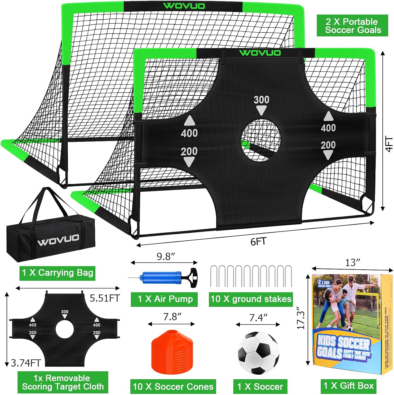 Kids Soccer Goals for Backyard Set of 2, 6x4 ft Portable Toddler Soccer Goal Training Equipment with Soccer Target