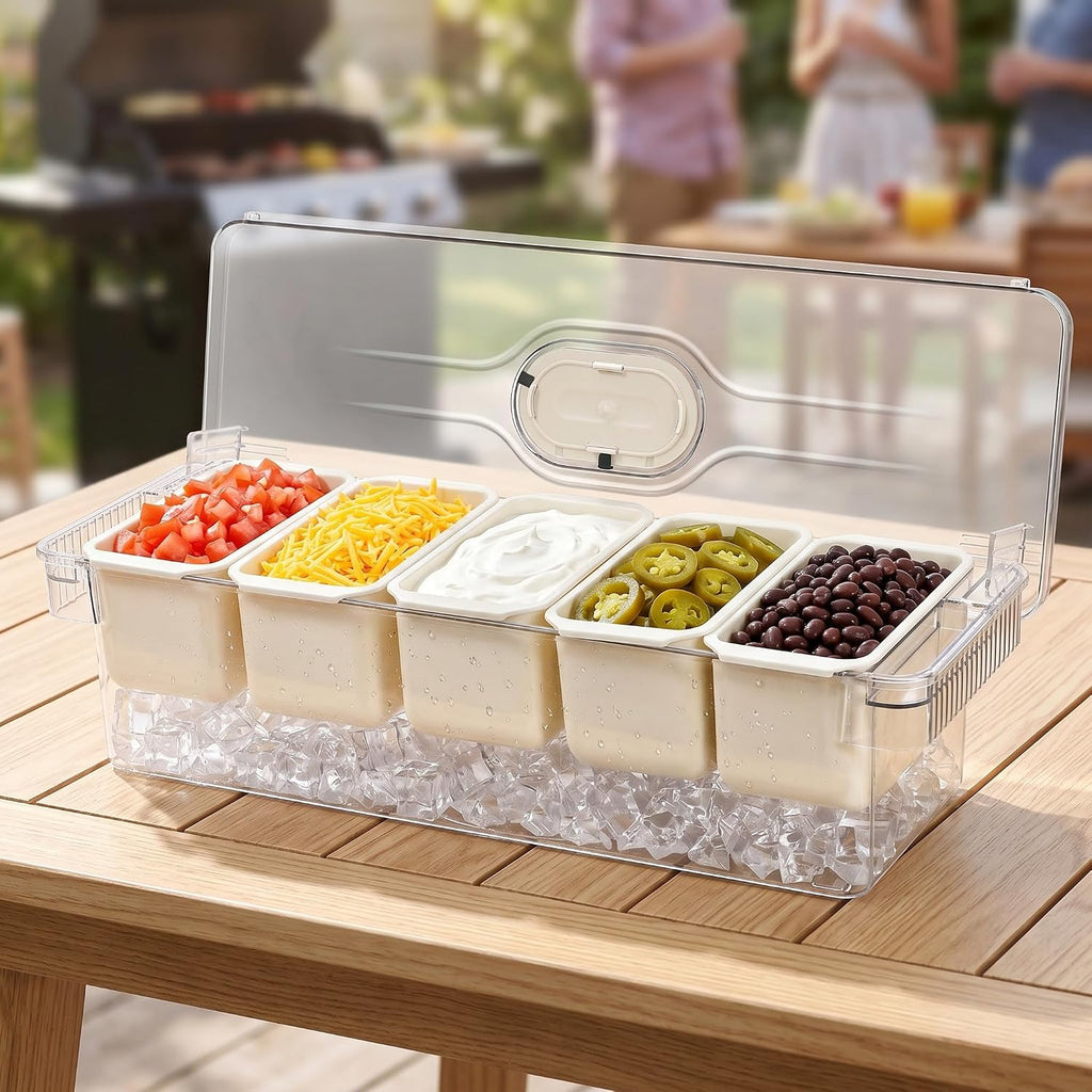 Large Ice Chilled Condiment Server with Lid, 5 Compartment Chilled Condiment Caddy, Taco Bar Serving Tray, Garnish