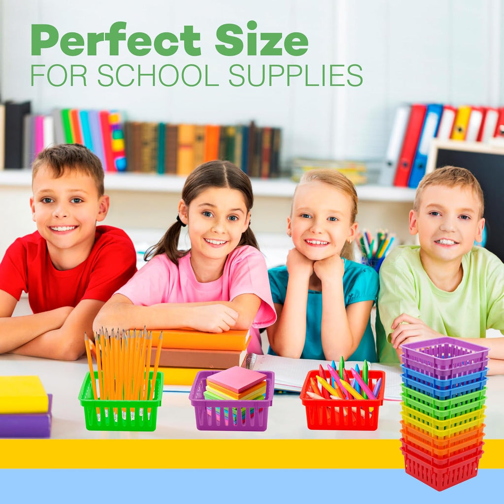 12 Pack Small Classroom Storage Baskets, Square 4.5" Sturdy Plastic Colorful Crayon & Pencil Container, Organizer
