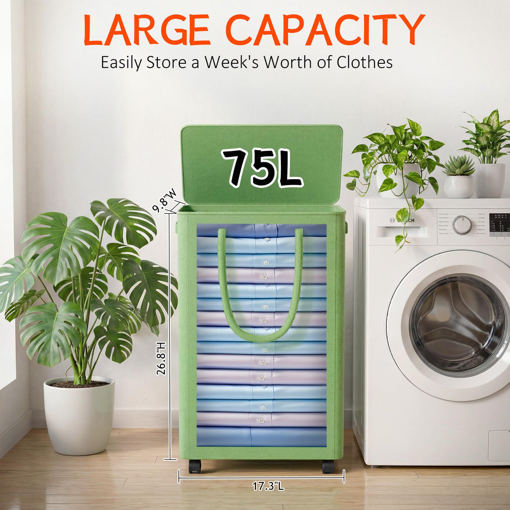 Slim Laundry Hamper with Wheels,20 Gal (75L) Rolling Laundry Basket with lid and wheels Clothes Hamper Foldable Tall