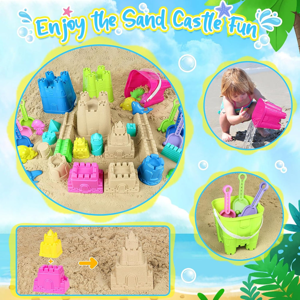 Beach Toys with 3 Castle Buckets, Sand Molds for Kids Ages 3-12 | Sand Castle Molds, Mesh Bags, Shovel for Sandcastle