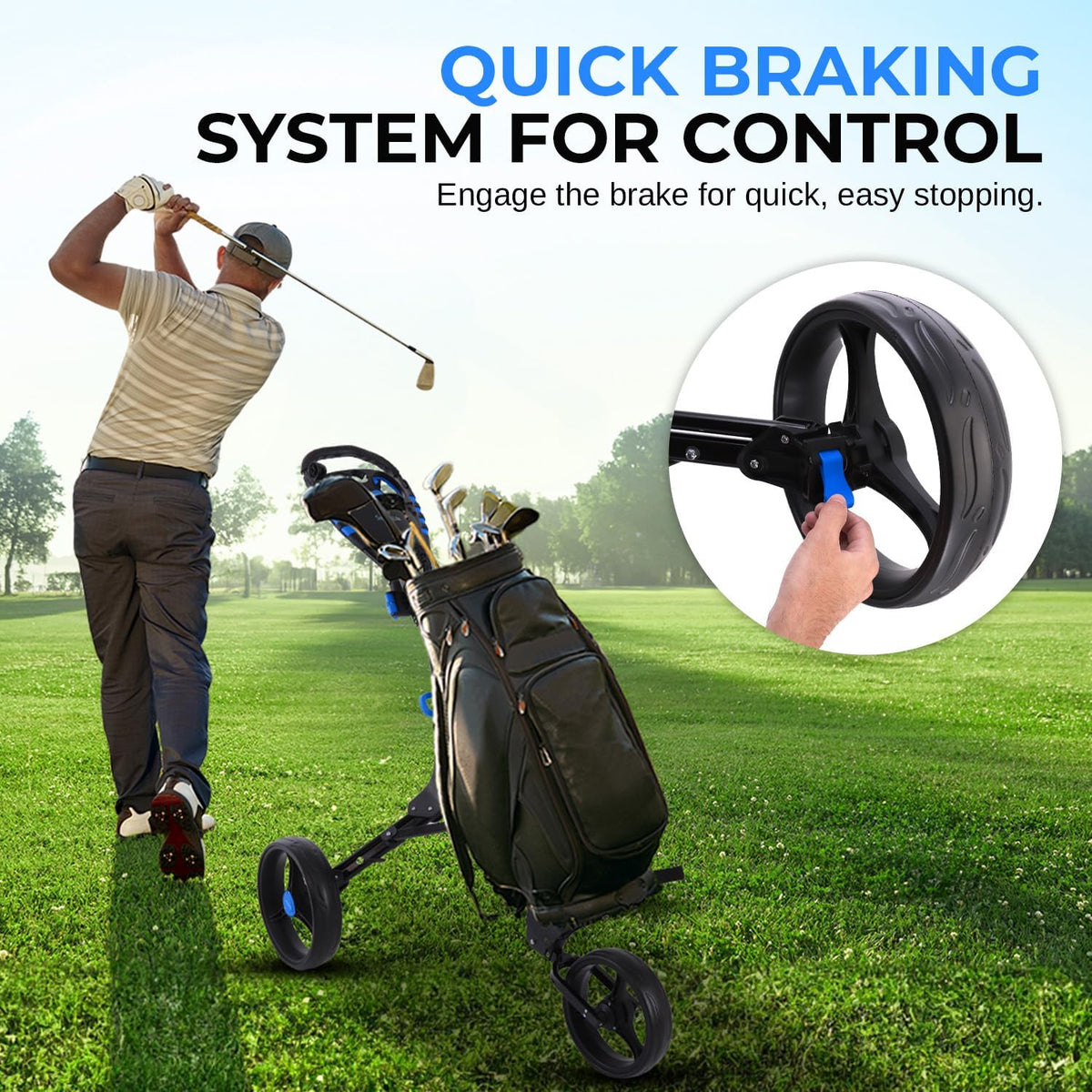 3-Wheel Golf Push Cart – Foldable, Adjustable Handle, Brake