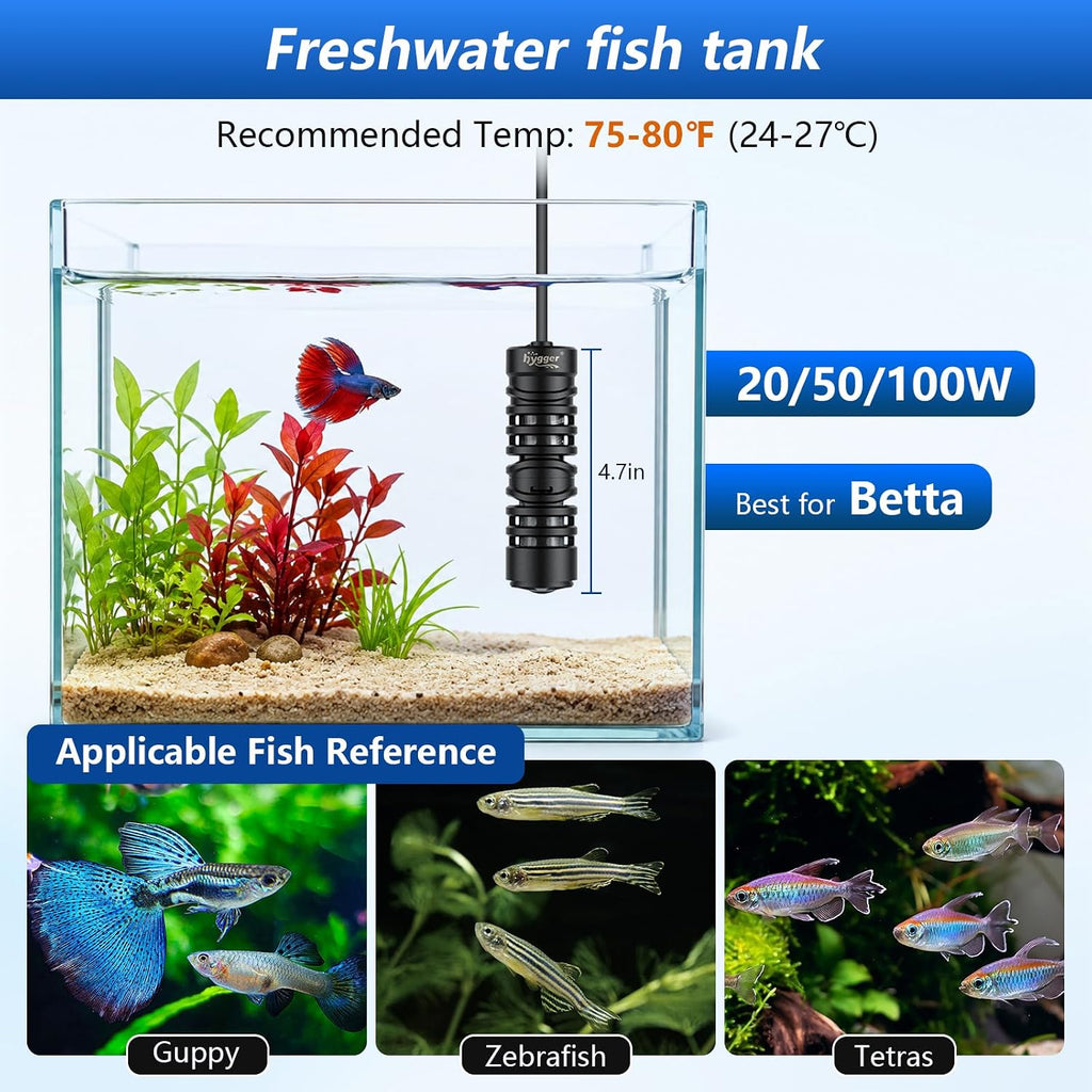 50W Small Aquarium Betta Heater for 5/6/7/8/9/10 Gallon Fish Tank,Submersible Fish Tank Heater with LED Digital