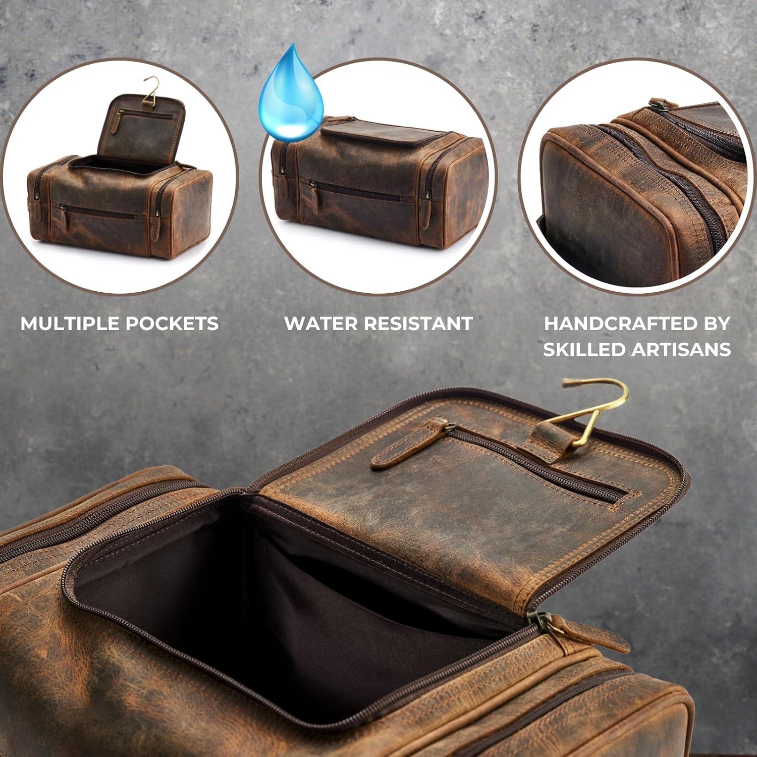 Extra Large Leather Toiletry Bag for Men - Premium Leather Men's Toiletry Bag for Travel, Dopp Kit, Pouch, Large