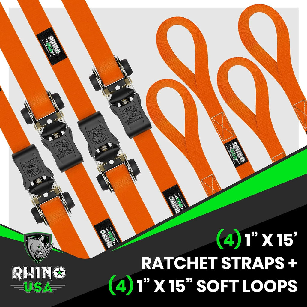 Ratchet Straps Tie Downs (4-Pack) - 1in x 15ft with S Hooks | 1,823lb Break Strength. Manual Ratchet w/ S Hooks &