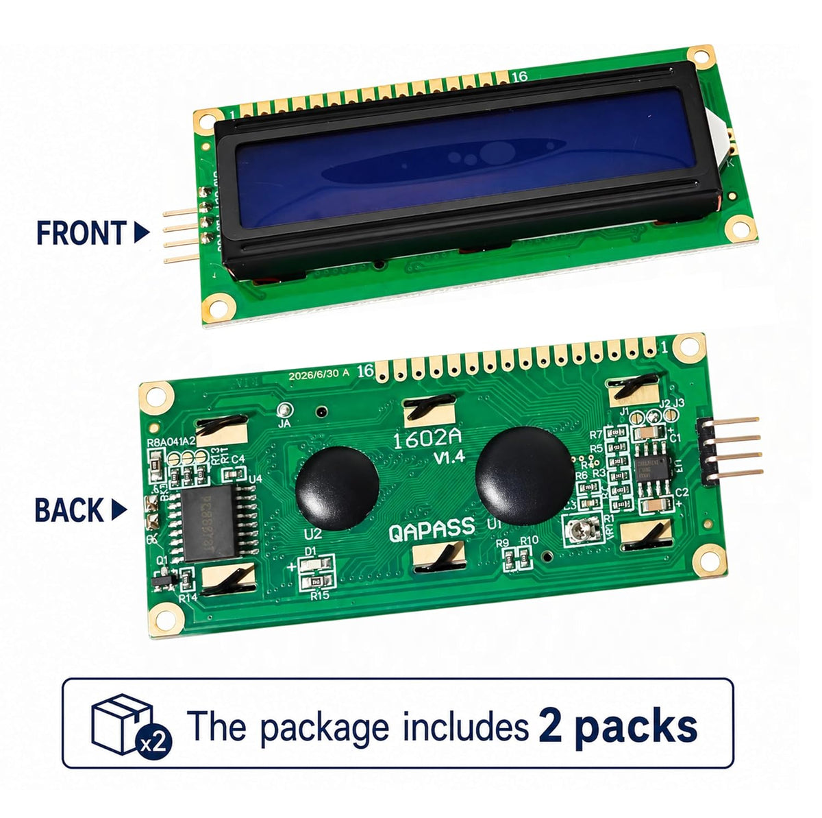 LCD1602 I2C 16x2 Blue Backlight 3.3V, Built in Potentiometer, 2 Pack