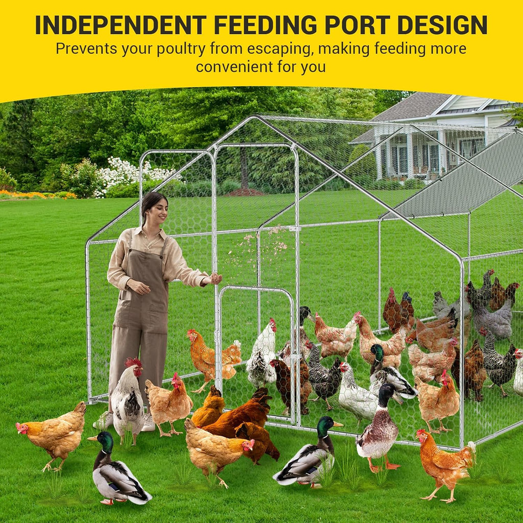 Chicken Coop with Run, Walk-in Metal Gable Roof Outdoor Pen