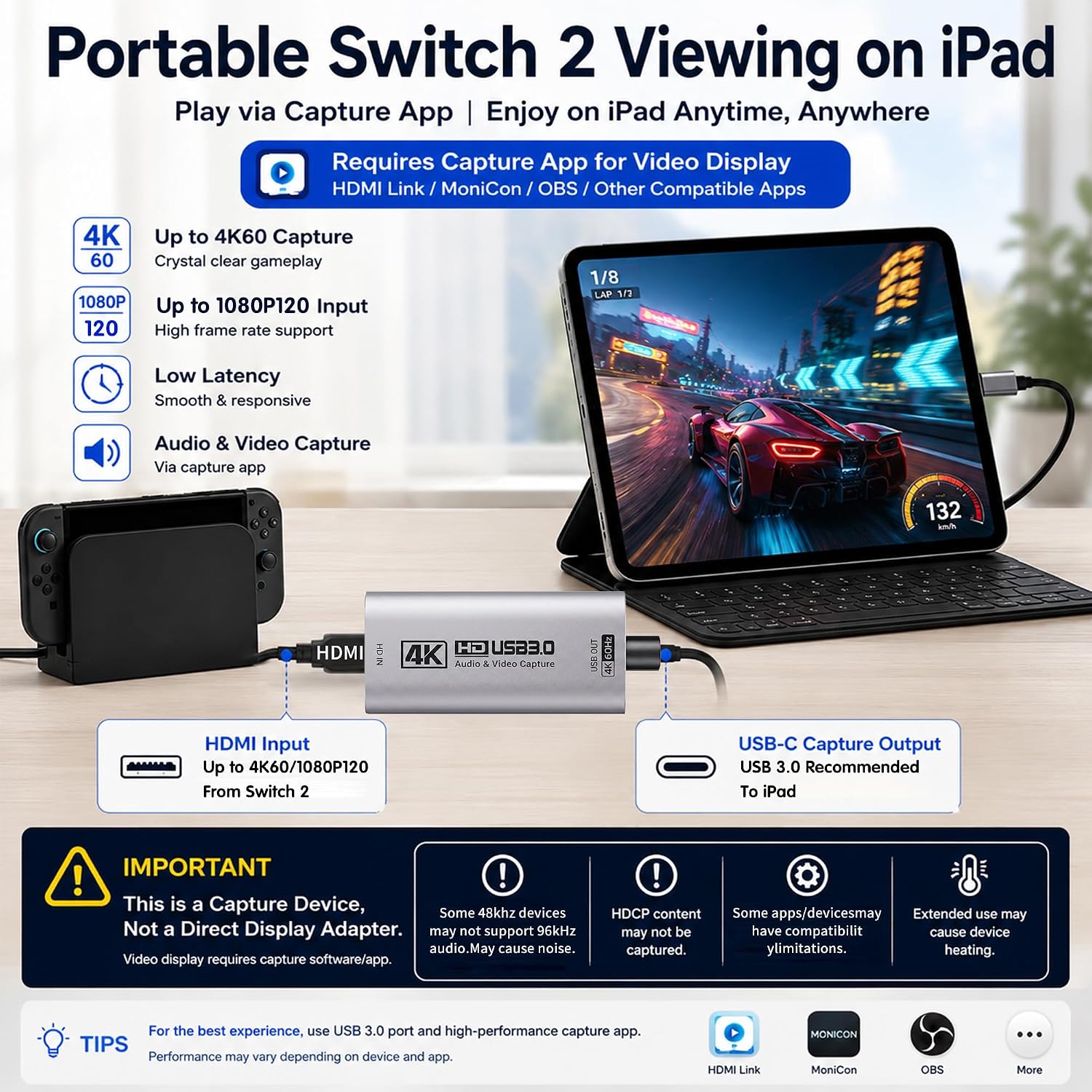 4K@60FPS Video Capture Card, 90° USBC Cable, 3.3ft USB 3.0 Capture | 2K@120FPS HDMI to USB C/A Capture Card for